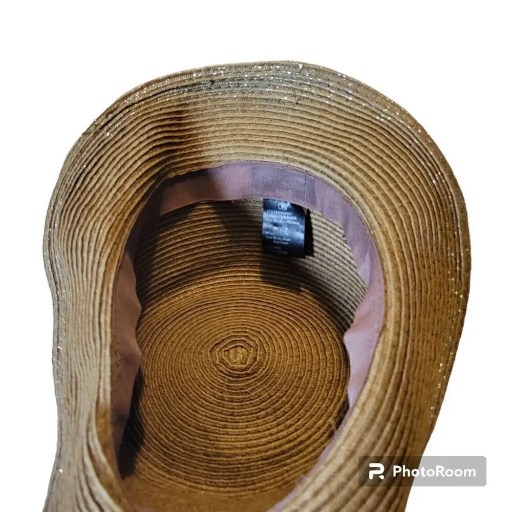 D&Y Brown Straw Fedora Hat with Silver Sparkle
